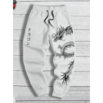Calça de Moletom com Cordão na Cintura com Estampa de Dragão e Letra - BRANCO - QUEIMA DE ESTOQUE