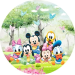 Lindo Painel Festa Infantil Redondo Mickey e Seus Amigos no Campo com Borboletas - QUEIMA DE ESTOQUE 