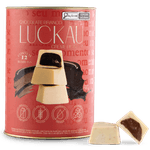 Lata Bombom Chocolate Branco recheado com creme de Avelã - Zero Adição de Açúcares, Lactose e Glúten - Luckau - 12 bombons de 16,5g - 198g