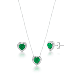 Conjunto Coração Cravejado Verde Prata 925