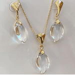 Conjunto Brincos e Colar em Pedra Natural de Cristal Príncipe e corrente com banho Ouro 18k.