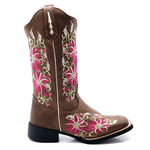 Bota Texana feminina Franca Boots bico quadrado flores pink