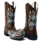 Bota Texana feminina Franca Boots bico quadrado FLOral azul