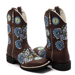 Bota Texana feminina Franca Boots bico quadrado bordado azul 
