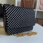 Bolsa de veludo xadrez transversal com alça de corrente - Cinza com Preto