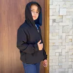 Blusa Preto e Azul Marinho Tactel Dupla Face com Zíper, 2 Bolsos, Capuz Regulável, Jaqueta Corta Vento Tactel 