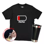 Camiseta + Copo Frases Pai Bateria Fraca Masculina Com Abridor
