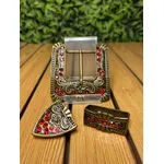 Conjunto de Fivela Country Cowgirl Strass Vermelho