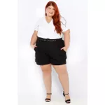 Short Botões Linho com Elastano Preto - Plus Size