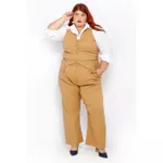 Calça Botões Linho com Elastano Caramelo Risca Giz - Plus Size