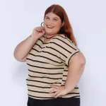 Blusa Malha Premium Bege Listra Preta - Plus Size