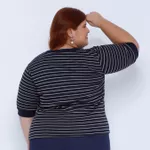 Blusa Moletinho Manga 3/4 Azul Listrada - Plus Size