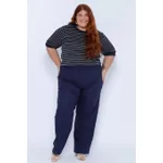 Blusa Moletinho Manga 3/4 Azul Listrada - Plus Size