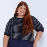 Blusa Moletinho Manga 3/4 Azul Listrada - Plus Size