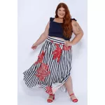 Saia Longa Viscose Listrada Floral - Plus Size