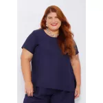 Blusa Social Botão Viscose Azul Marinho - Plus Size