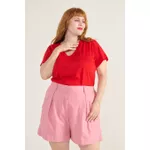 Short Botões Linho com Elastano Rosa - Plus Size