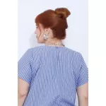 Blusa Social Botão Azul Listrada - Plus Size