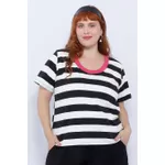 Blusa Premium Listra Preta Gola Rosa Pink - Plus Size