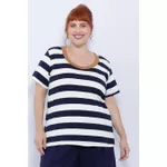 Blusa Premium Listra Azul Gola Caramelo - Plus Size