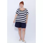 Blusa Premium Listra Azul Gola Caramelo - Plus Size