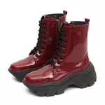 Bota Coturno Plataforma Alta Tratorada Cano Curto 6001 Vinho Verniz