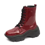 Bota Coturno Plataforma Alta Tratorada Cano Curto 6001 Vinho Verniz