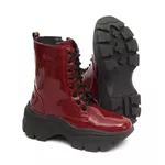 Bota Coturno Plataforma Alta Tratorada Cano Curto 6001 Vinho Verniz