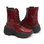 Bota Coturno Plataforma Alta Tratorada Cano Curto 6001 Vinho Verniz