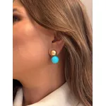 BRINCO BOTÃO DUPLO TURQUESA BANHADO A OURO