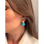 BRINCO BOTÃO DUPLO TURQUESA BANHADO A OURO