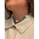 CHOKER CRISTAIS TURQUESA E PÉROLAS BARROCAS BANHADA A OURO 