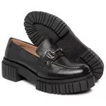 Sapato Feminino Mocassim Conforto Em Couro Preto Tratorado Metal Grafite 