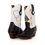 Bota Texana Masculina Bico Fino Couro Legítimo Anaconda Preto e Floater Branco Bordado Nossa Senhora