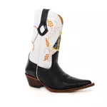 Bota Texana Masculina Bico Fino Couro Legítimo Anaconda Preto e Floater Branco Bordado Nossa Senhora