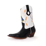 Bota Texana Masculina Bico Fino Couro Legítimo Anaconda Preto e Floater Branco Bordado Nossa Senhora