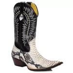 Bota Texana Bico Fino Masculina Couro Bovino Legítimo Anaconda PB Branco e Preto e Floater Preto