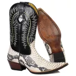 Bota Texana Bico Fino Masculina Couro Bovino Legítimo Anaconda PB Branco e Preto e Floater Preto