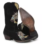 Bota Country Texana Masculina Bico Fino Couro Nobuck Preto Dois Cavalos