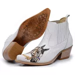 Bota Country Masculina Bico Fino Cano Curto Couro Legítimo Floater Branco Bordado Cavalo Vira Inteira