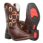 Bota Texana Feminina Bico Quadrado Couro Legítimo Fóssil Café Bordados Ferradura 