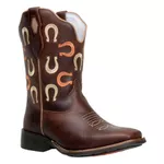 Bota Texana Feminina Bico Quadrado Couro Legítimo Fóssil Café Bordados Ferradura 