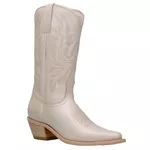 Bota Texana Country Feminina Bico Fino Couro Legítimo Off White Com Bordados
