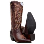Bota Texana Feminina Bico Fino Couro Legítimo Fóssil Café Bordado Linhas 