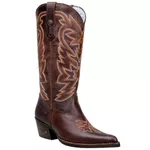Bota Texana Feminina Bico Fino Couro Legítimo Fóssil Café Bordado Linhas 