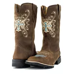 Bota Texana Country Feminina Couro Bovino Legítimo Mustang Café Bordado Cruz Azul