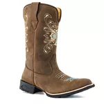 Bota Texana Country Feminina Couro Bovino Legítimo Mustang Café Bordado Cruz Azul