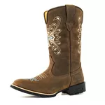 Bota Texana Country Feminina Couro Bovino Legítimo Mustang Café Bordado Cruz Azul