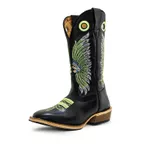 Bota Texana Carrapeta Couro Legítimo Látego Preto Bordado Cocar Verde
