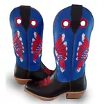 Bota Texana Carrapeta Couro Mustang Preto e Azul Cocar Vermelho